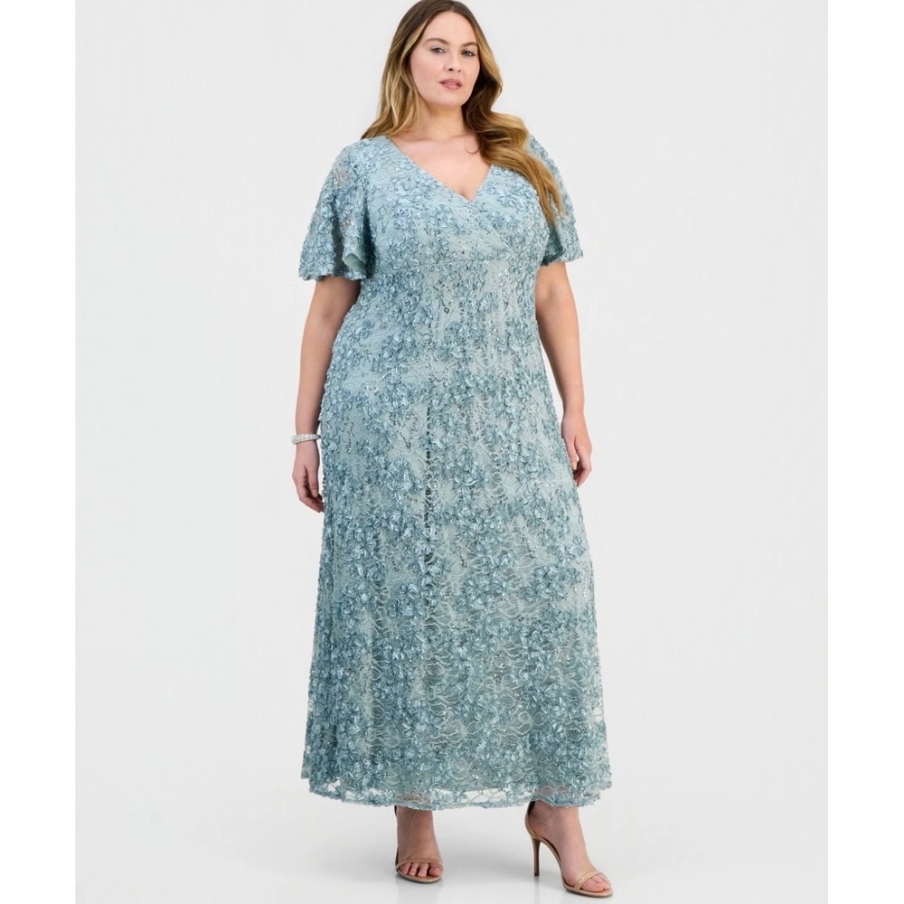 Alex Evenings Ice Sage Floral Lace Flutter Sleeve Gown 16W 84122821